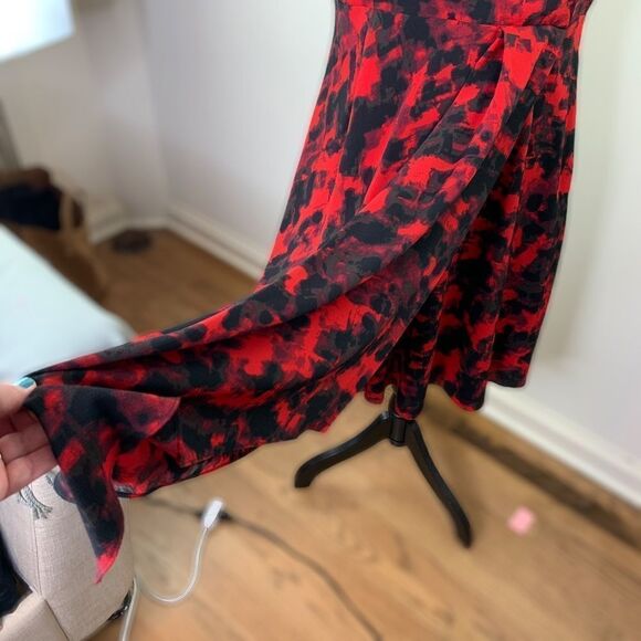 Halston Red/Black Short Sleeve Faux Wrap Dress Sz L - Picture 4 of 10